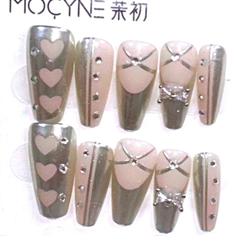 Gray Pink Heart Chrome Ballerina Press On Nails 3D Bow‎ Set